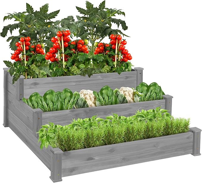 Best Choice Products 3-Tier Fir Wood Raised Garden Bed Planter Kit for Plants Herbs Vegetables Outdoor Gardening w/Stackable &amp Flat Arrangement Easy Assembly - Gray