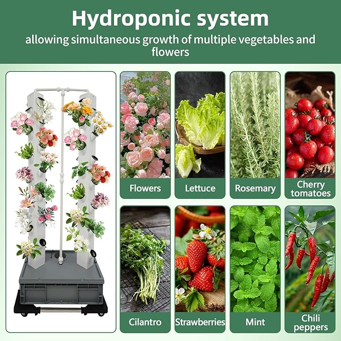Hydroponics Growing System Tower 56 Holes Vertical Garden Indoor 64 Tall Plant Growing Tower with Wheels Soilless NFT Hydroponic Grow Kit with Water Pump &amp Timer for Vegetables Lettuce Herbs