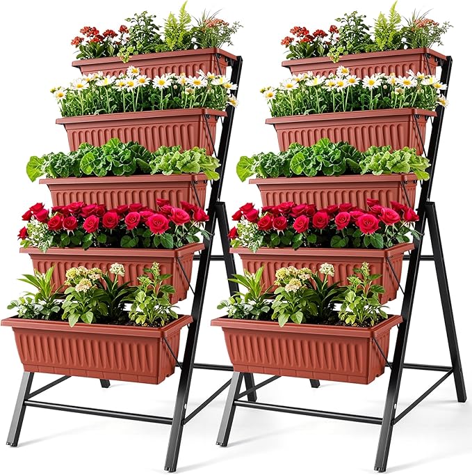 SEJOV 2 Pack Vertical Raised Garden Bed 5 Tiers Elevated Planter Box for Herbs Vegetables Flowers Graden Vertical Planter w/Drainage System for Patio Balcony Garden Outdoor Indoor Plants Dark Red