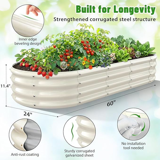 Oval Raised Garden Bed 5 x 2 x 1FT Galvanized Steel Planter Box with Wave-Shaped Metal Panels Painted for Outdoor FlowerTreeHerb &amp Vegetable Garden (White 60X24X12 inches)