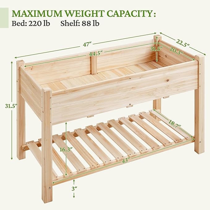 Topeakmart Raised Garden Bed Elevated 2 Tiers Wood Planting Bed Above Ground Planter Box for Vegetables Flowers Herbs Outdoor 47x23x32in