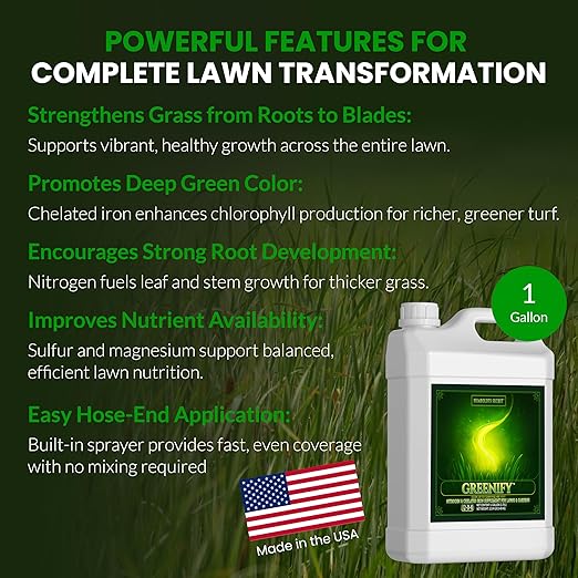 Humboldts Secret Greenify | 12-0-0 Nitrogen &amp 6% Iron Liquid Lawn Fertilizer Concentrate | Chelated Iron Supplement for Healthy Grass Turf and Garden Growth | 1 Gallon Refill for Healthy Growth