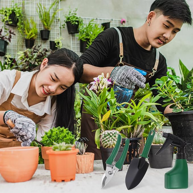HARFINGTON 1 Set Garden Tool Set 5 Pieces Plastic Gardening Planting Tools Kits with Shovels Rake Scissor Water Sprayer and Store Case Dark Green