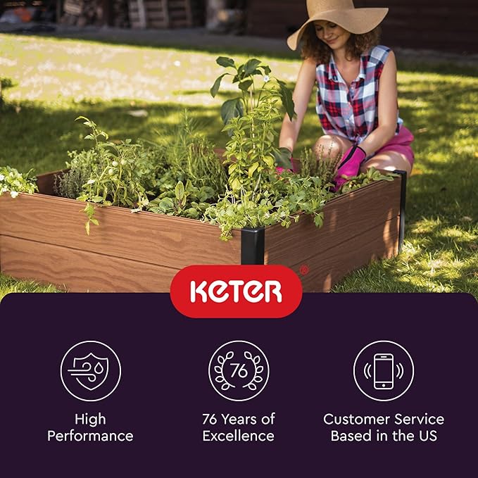 Keter 48 X 48 inches Wood Look Raised Garden Bed Durable Outdoor Herb Garden Planter for Vegetables Flowers and Succulents Brown