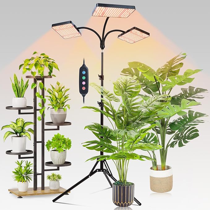 FECiDA 2026 3Head Grow Light with Stand 75 Watt Power Draw Bright and Big Coverage Grow Lights for Large Houseplants Bonsai Tree 4/8/12/16/20 Hr Timer 24-72 Height Adjustable 360° Gooseneck