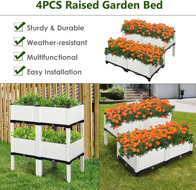 GRAFFY Set of 4 Raised Garden Bed Kits Elevated Garden Beds with Self-Watering Design Raised Garden Boxes for Flowers Vegetables and Herbs Planting Box Container for Patio Yard Balcony (White)