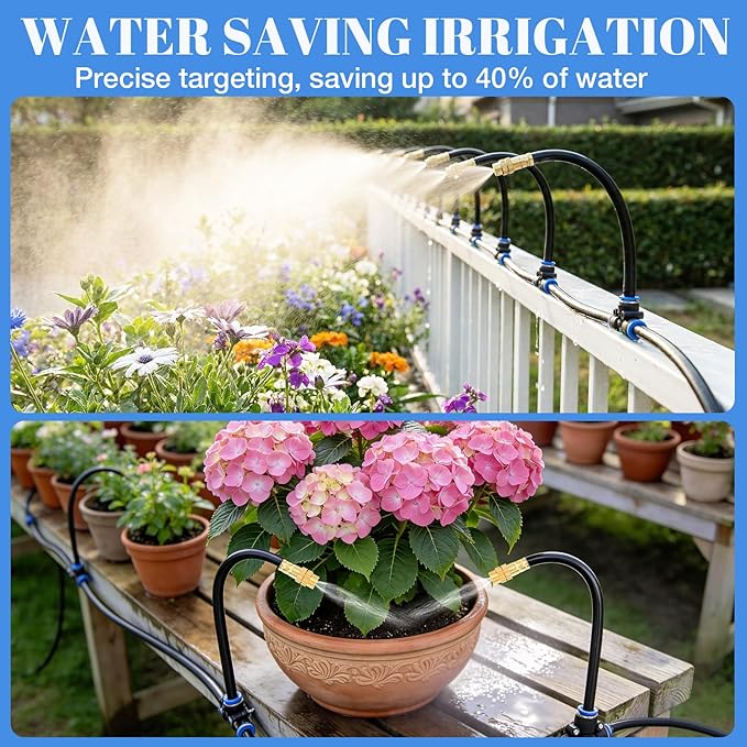 80FT Drip Irrigation Kit 8mm Hose with 20 Brass 360° Adjustable Nozzles Quick Connectors Automatic Garden Watering System– Complete Garden Irrigation System for Lawn Greenhouse Patio Yard