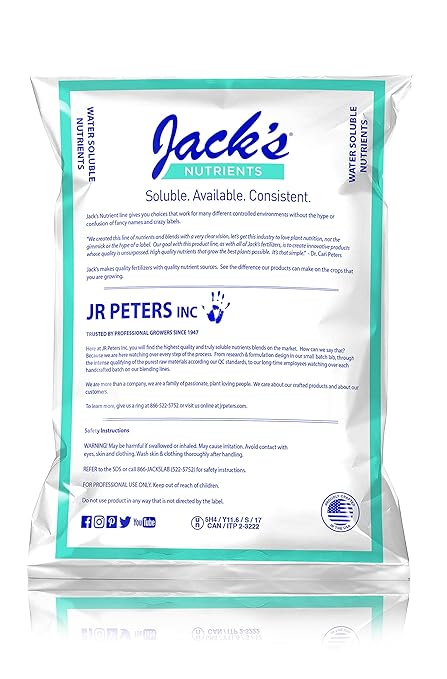 Jack's Nutrients 15-5-20 Tap Water-Soluble Fertilizer 25lbs - Lowers Water pH for Leaf and Root Growth in Continuous Liquid Feed Programs