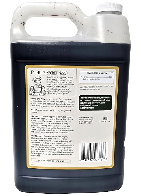 Farmer’s Secret Liquid Iron for Lawns and Gardens - Chelated Liquid Iron Supplement - for use on All Types of Grass Plants and Trees - Covers 32K Square Feet (128oz)