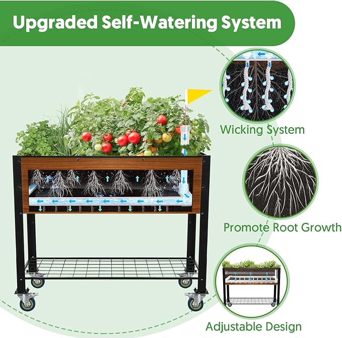 Raised Garden Bed with Legs and Wheels Self-Watering Planter Box 36x16x30 in Elevated Raised Bed with Drainage Hole Built to Withstand Sun Rain and Wind for Up to 2 Years