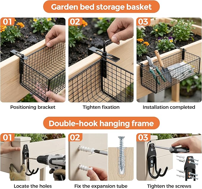 Metal Raised Garden Bed Hanging Storage Basket Includes Hooks 15.6 x 5.8 x 3.8in Flower Bed Clip-On Hanging Organizer Basket for Raised Garden Beds Kit for Gardening Tools &amp Supplies