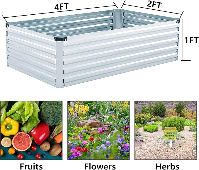 2 Pack 4x2x1FT Galvanized Raised Garden Beds Kit Outdoor Metal Gardening Planter Box for Vegetable Elevated Flower HerbsSilver