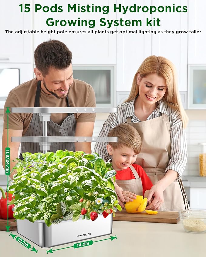Stainless Steel Hydroponics Growing System Kits Controlled Smart Indoor Garden with LED Grow Light Full Spectrum 15 Pods Plant Germination Kit with Quiet Pumpfor Vegetables HerbsGardening Gifts