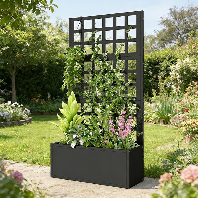 Galvanized Steel Raised Garden Bed with Trellis - Heavy-Duty Metal Planter Box for Vegetables &amp Climbing Plants Weather-Resistant Outdoor Vertical Garden Kit (Black)