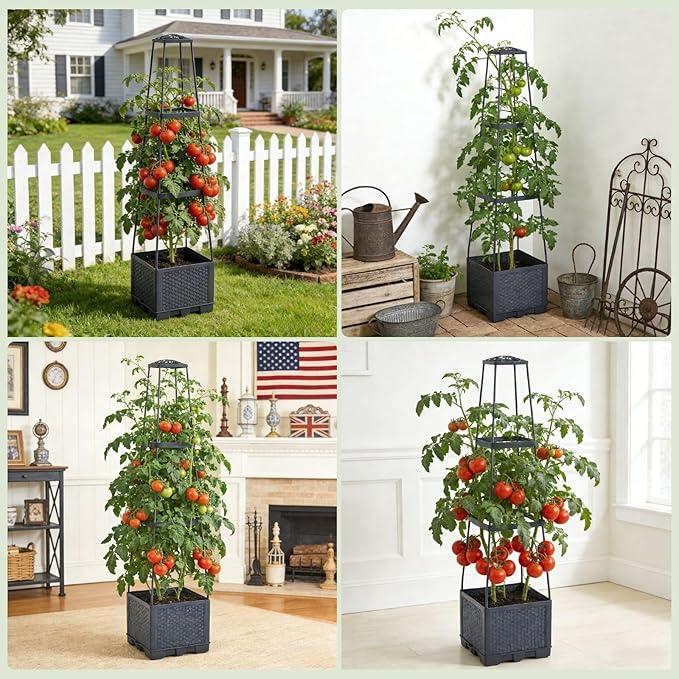 2 Pack Raised Garden Bed Tomato Planter with Trellis - 45 Self Watering Planters Box with Trapezoidal Trellis for Climbing Plants Vegetables Flowers - Tomato Cages for Greenhouse Indoor Outdoor