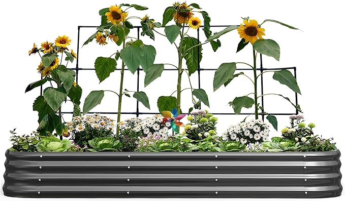 KING BIRD Raised Garden Bed with Wall Trellis Galvanized Planter Garden Box Outdoor for Gardening Climbing Vegetables Flowers 7.87x3.94x0.98 Ft Dark Grey