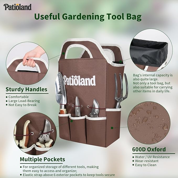 10-Piece Garden Tool Set Brown Gardening Hand Tools with Non-Slip Handles Heavy Duty Rust-Proof Aluminum Tools Organizer Tote Bag &amp Gardening Gloves Ideal Gardening Gifts for Women and Men