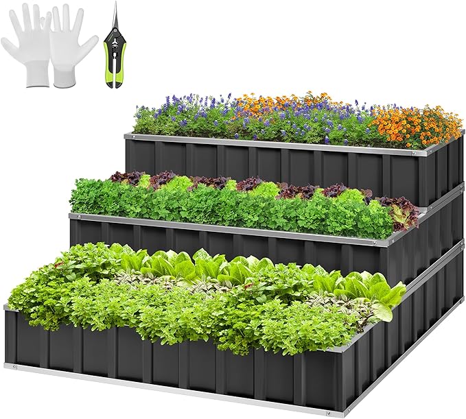 VIVOSUN 3-Tier Metal Raised Garden Bed 46 x 46 x 24 Galvanized Steel Metal Outdoor Planter Box with Gloves and Scissors to Grow Flowers Vegetables and Herbs for Outdoor Gardening Dark Gray