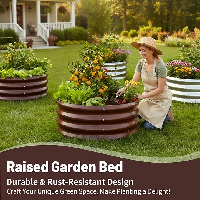 GOOZOO 2PC Galvanized Planter Raised Garden Beds 2x2x1ft Raised Garden Bed Kit for Gardening Outdoor Round Metal Land Planter Box for Vegetables Fruits Flowers（Brown）