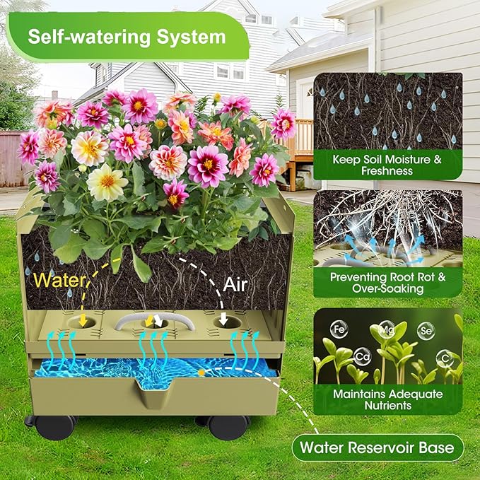 Raised Garden Bed Planter Box with Trellis 71 Self-Watering Tomato Planter with Wheels for Climbing Vegetable and Plants Tomato Cage Planters for Indoor Outdoor Patio Greenhouse Gardening (1Pack)