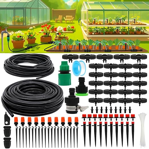 Drip Irrigation Kits 100ft/30M Garden Plant Watering Sprinkler System with Distribution Tubing Hose Adjustable Nozzles Automatic Mist Cooling Irrigation Set for Garden Lawn Patio