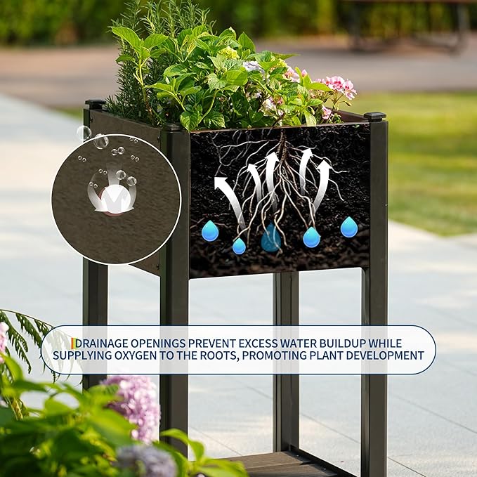 PeakPursuit All-Weather Elevated Garden Bed with Storage Shelf HDPE Wood Grain Planter Box &amp Sturdy Black Aluminum Frame for Vegetables Herbs on Patio Balcony19 l x 33 h