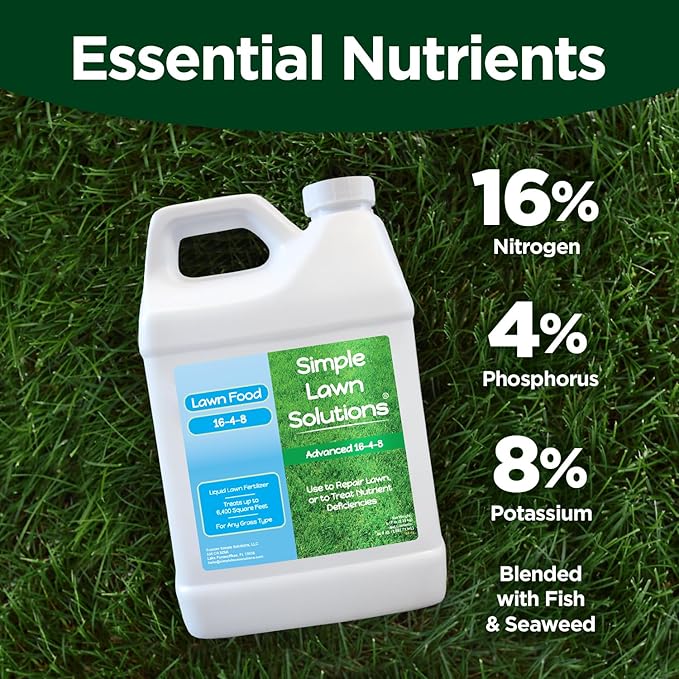 Advanced 16-4-8 Lawn Fertilizer - Liquid Lawn Food Spring &amp Summer Concentrated Spray - Any Grass Type- Fish and Seaweed Kelp- Balanced NPK - Simple Lawn Solutions (64 Ounce)
