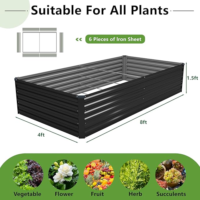 MGNO 8x4x1.5FT Galvanized Raised Garden Bed-Outdoor Planter Box for Vegetables-Metal Garden BedRRectangle Planting Box for HerbFlowerBlack