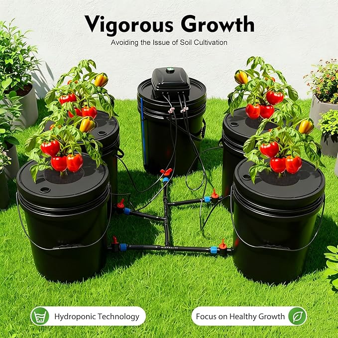 Hydroponics Grow System Kit Deep Water Culture Growing Bucket 5 Gallon Recirculating Drip Garden System with Pump 12W Air Pump 4 Buckets
