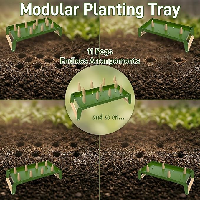Seed Spacer Tool - Innovative Steel Gardening Template for Organized Planting &amp Bigger Yields – DIY Layout with Interchangeable Pegs Ergonomic Wooden Handle