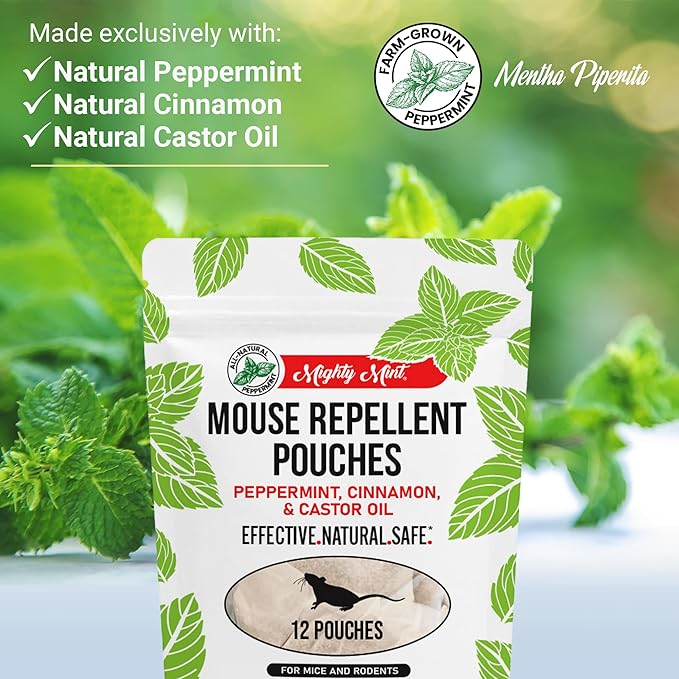 Mighty Mint Mouse Repellent Pouches – Peppermint Castor Oil &amp Cinnamon Formula – Natural Indoor Deterrent for Mice and Rodents – Plant-Based Long-Lasting Protection – 12 Count (Pack of 2)