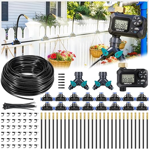 HIRALIY 360° Adjustable Drip Irrigation System 164FT with Timer 1/4 Tubing and Adjustable Copper Nozzles Automatic Atomizing Watering Kit for Garden Yard Lawn Greenhouse &amp Potted Plants