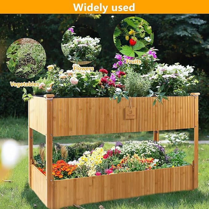 Raised Garden Bed - 2-Tier Elevated Planter Box for Herbs Vegetables Succulents &amp Flowers | 48x25x30 Inch Standing Growing Bed | Outdoor/Indoor Bamboo Planter