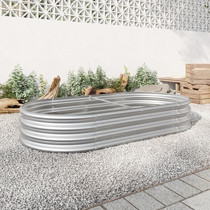 Outdoor Raised Garden Bed for Plants Vegetables and Flowers Oval Large Metal Raised Bed Kit Durable Galvanized Planter Boxes for Garden Backyard Easy Assembly (Silver 70.86x35.43x 11.42 in)