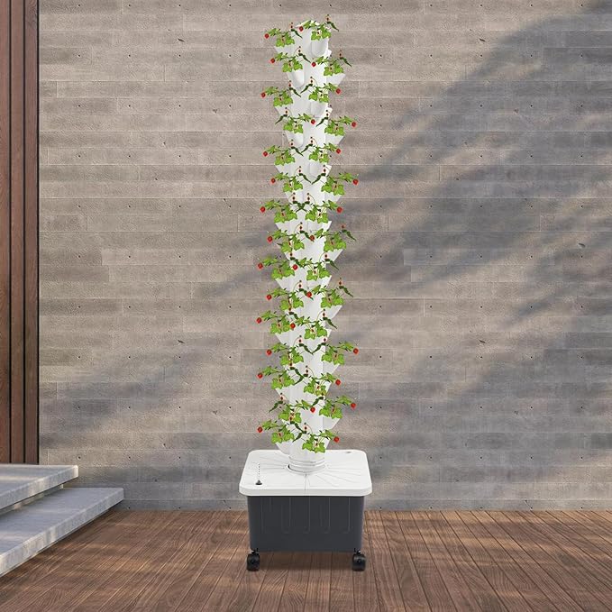 15-Tier Hydroponic Growing Tower Kit 45 Holes Indoor Vertical Garden System with Water Pump &amp Wheels 30L Tank for Lettuce Herbs Strawberries Hydroponics System for Balcony Gardening DIY Home F