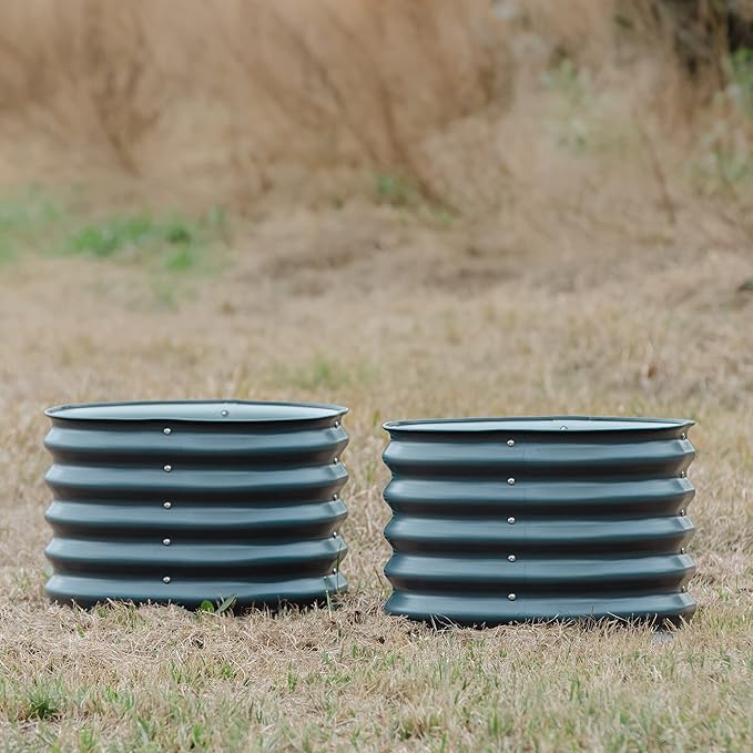 17 Tall Herb Raised Garden Bed for Basil Lavender Sages 24 Wide Round Fruit Tomato Planter Box for Gardening Blueberries Figs Flower Metal Pot Container for Rose Twin Pack Modern Gray
