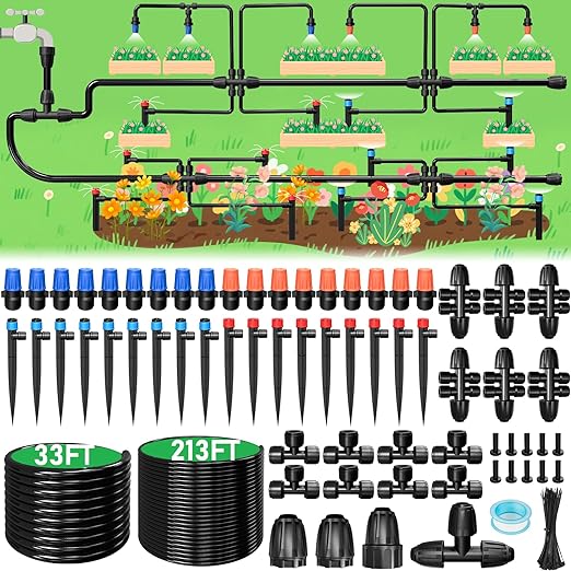 246FT Drip Irrigation System Automatic Drip Irrigation Kit with 1/2 Main Tube &amp 1/4 Branch Tubing Adjustable Drip Emitters Garden Watering System for Flower Bed Raised Beds Lawn Greenhouse