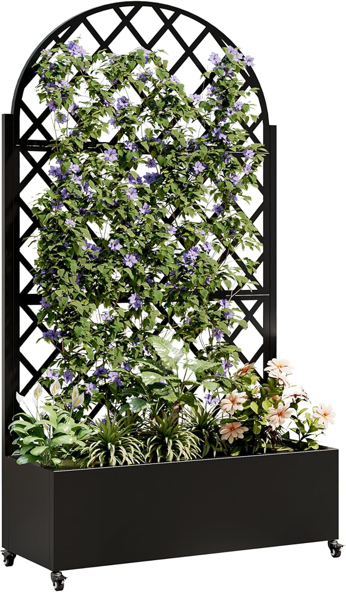 Round Metal Planter Box with Trellis and Built-in Drainage System Raised Garden Bed with 4 Wheels Trellis &amp Privacy Screen for Climbing Plants Vegetables Vines