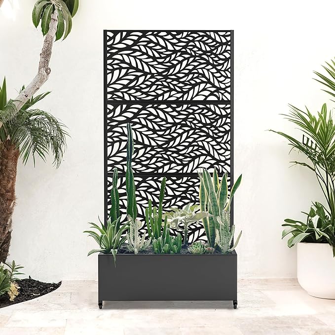Metal Standing Planter Box with Trellis Privacy Planter for Patio Outdoor Raised Garden Beds with Trellis for Climbing Plants Garden Boxes with Wheels &amp Drainage Holes (35L Black Spring)