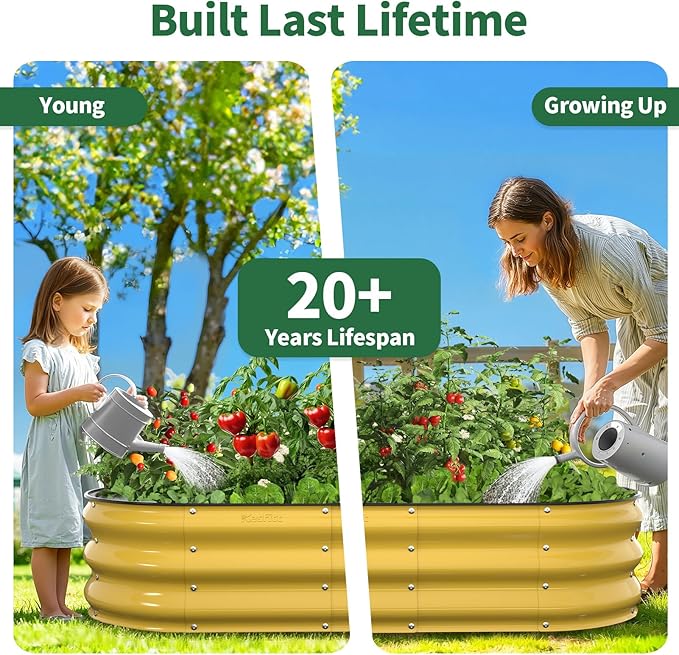Kesfitt Raised Garden Bed 4x2x1 FT Galvanized Steel Metal Raised Garden Bed Oval Open-Bottom Design 12-Inch Deep for Outdoor Vegetable &amp Herb Gardening Creamy Yellow