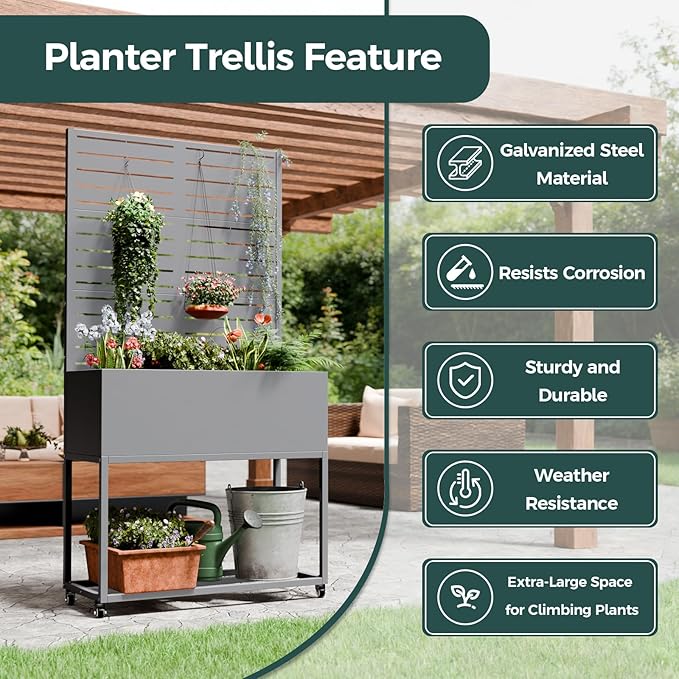 Metal Planter Box Multi-Functional &amp Easy to Assemble 67 H x 35 W Raised Garden Bed for Climbing Plants Elevated Standing Garden Planter with Drainage Holes for Outdoor Patio Grey