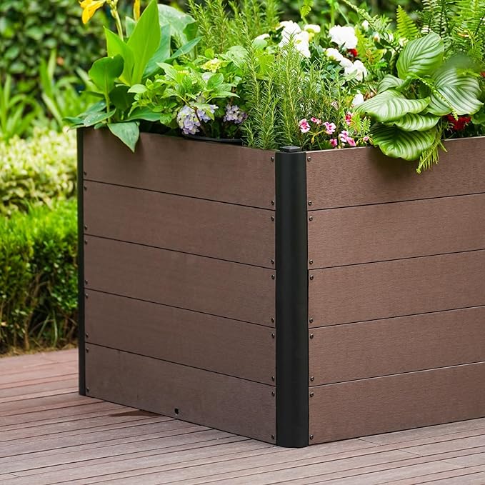 IDEALHOUSE 49x 19x 30 Raised Garden Bed Wood-Look WPC Composite Planter Box Outdoor Metal Frame with Deep Root Design Planter for Vegetables Flowers Herbs Open Bottom