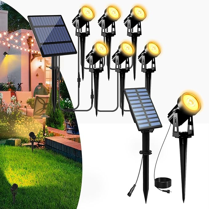 T-SUNUS Solar Landscape Spotlights Warm White 3000K Garden Spot Light IP65 Waterproof 9.8ft Cable 2000mAh Separated Solar Panel Auto On/Off for Garden Driveway Pathway Pool Area
