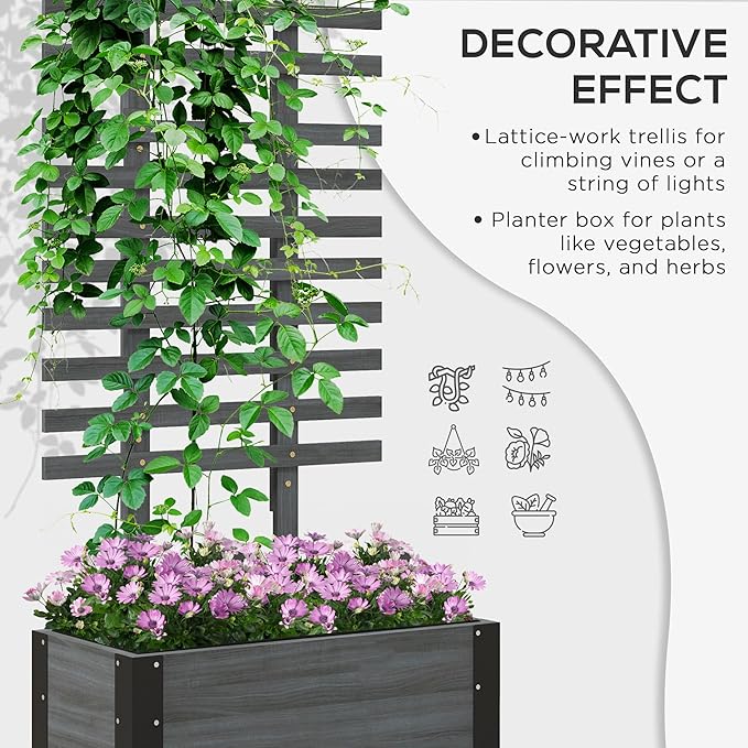 Raised Garden Bed with Trellis 58 Outdoor Wooden Planter Box with Wheels for Vine Plants Flowers Climbing and Planting Gray