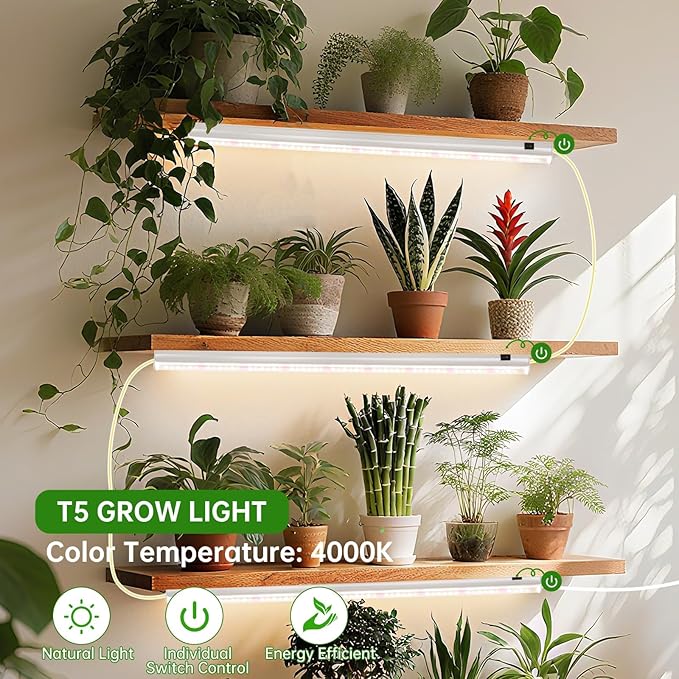 T5 Grow Lights 2FT 60W (4×15W 500W Equivalent) Full Spectrum Grow Lights for Indoor Plants 4000K Plug and Play Easy to Install for Greenhouse &amp Plant Shelves (4 Pack)