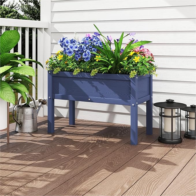 Small HDPE Raised Garden Bed Elevated Planter Box with Legs Outdoor All-Weather Planter Raised Beds for Seeds Herbs Flowers Vegetables (Navy Blue)