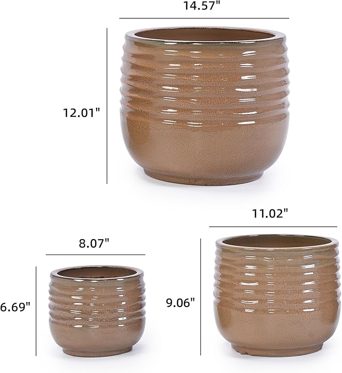 Handmade Glazed Ceramic Planter Set of 3 15118 Inch Diameter Horizontal Ribbed Texture for Succulents Cacti Outdoor Indoor Staircase Use Breathable Clay with Drainage Holes Beige