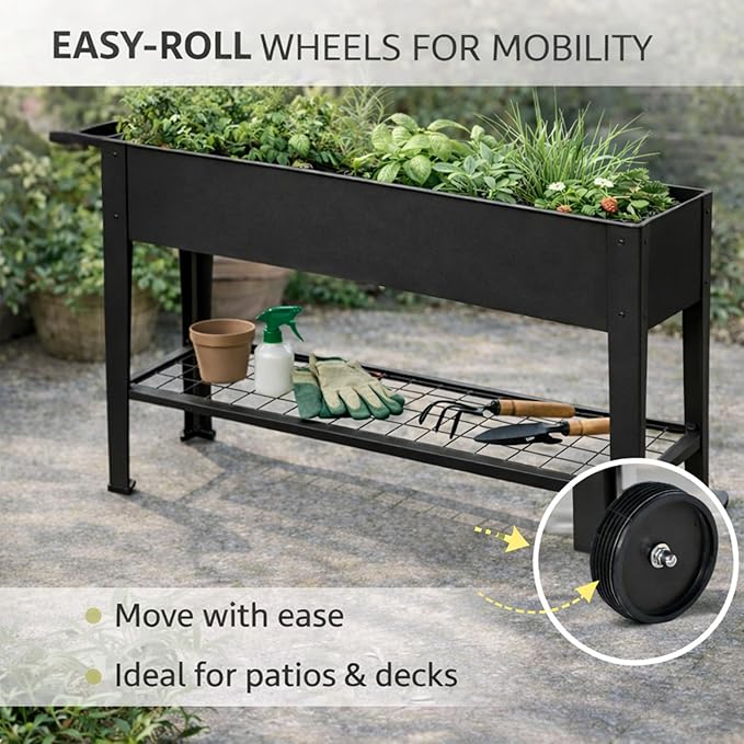 InSideOut Elevated 40 Raised Garden Bed Outdoor with Wheels &amp Shelf for Mobility Metal Planter Box for Vegetables/Herbs Patio-Balcony-Backyard (Charcoal)