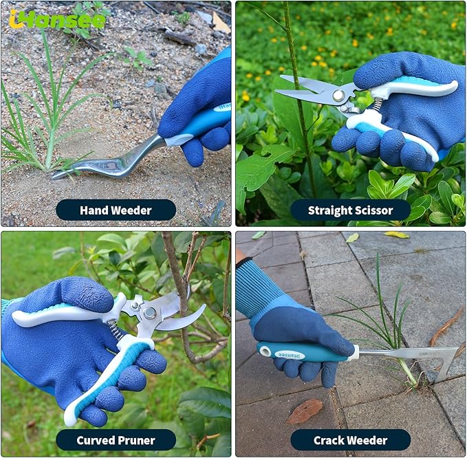 Blue Garden Tool Sets 12-Piece Aluminum Gardening Hand Tools w/Ergonomic Handle Garden Supplies Organizer Handbag Kneeling Pad Apron and Gloves Gift for Women Garden Starter Kit for Women