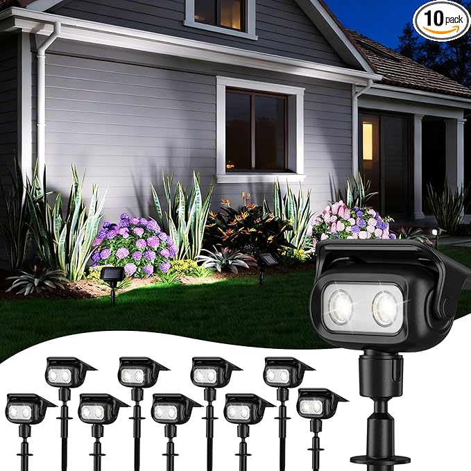 ROSHWEY Solar Landscape Spot Lights Spotlights Outdoor Waterproof with 2 Brightness Mode Landscape Lighting Solar Lights for Garden Yard Pathway (Cool White 10 Pack)